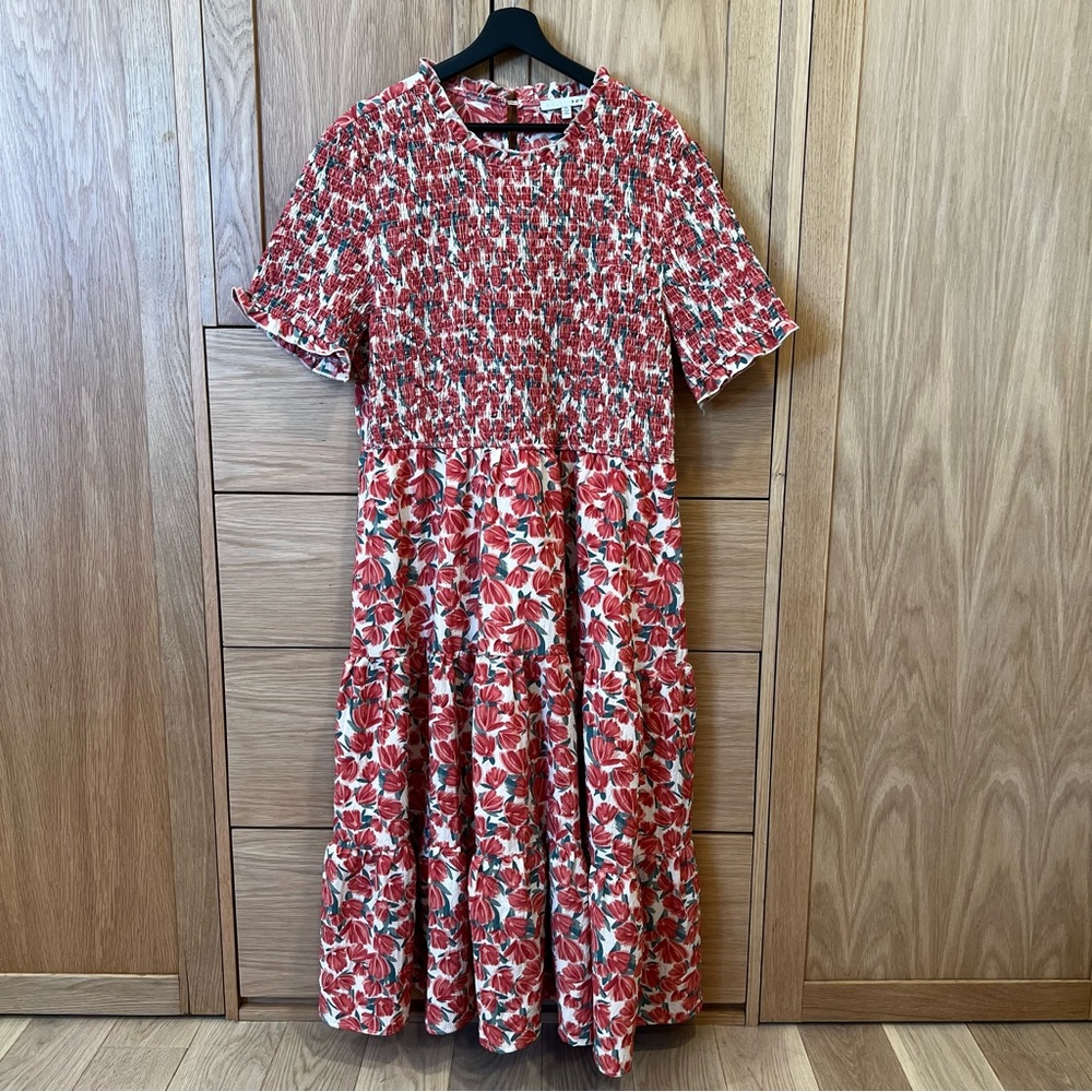 Baltic Born Red Floral Smocked Midi Dress with Green Leaf Accents